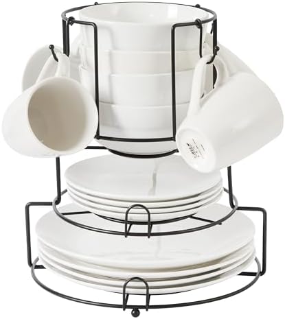 Gibson Home Summit View 17-Piece Porcelain Plates and Bowls Set W/Metal Rack - Plates, Bowls & Mugs Dinnerware Set for 4 - White by GibsonHomewares