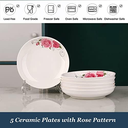 5 Pack Ceramic Plates with Rose Pattern, 7 inch Large Dessert Salad Porcelain Dinner Plates, Ceramic Dessert Dishes for Steak Pasta Pizza Appetizer (Dishwasher & Microwave Safe Plates) - Image 3