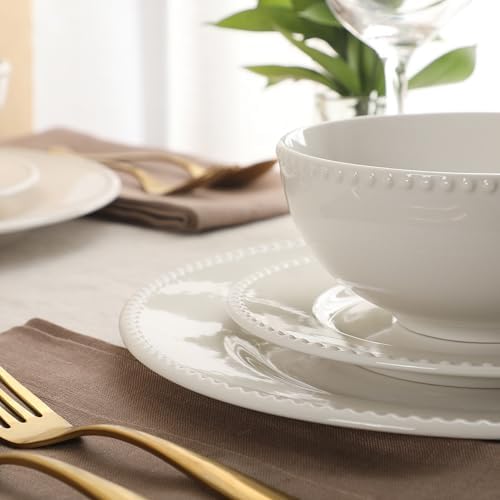 Gibson Home Caviara Plates and Bowls Set, 12-Piece Dinnerware Set, White Round Beaded Rim Ceramic Dish Set, Dinner Plates, Salad Plates & Cereal Bowls - Image 4