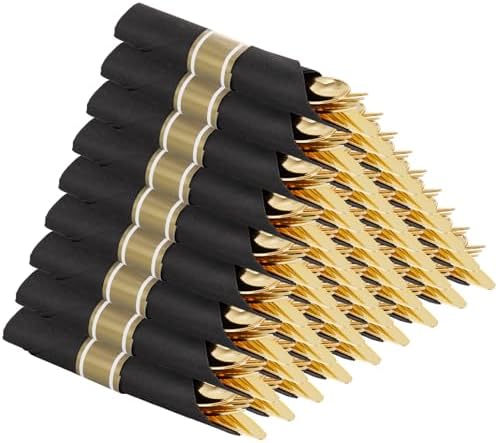 Supernal 30 Pack Pre Rolled Gold Plastic Silverware with Black Napkins by supernal