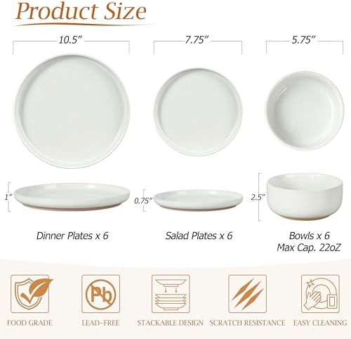 LIANYU 18-Piece Dinnerware Sets for 6, Stoneware Dinner Plates and Bowls, Kitchen Dining Dishes Set, Dishwasher & Oven Safe, Snowy White - Image 3