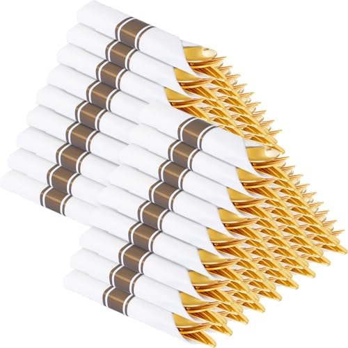 Supernal 100 Pack Gold Plastic Silverware with Napkins Wrapped by supernal