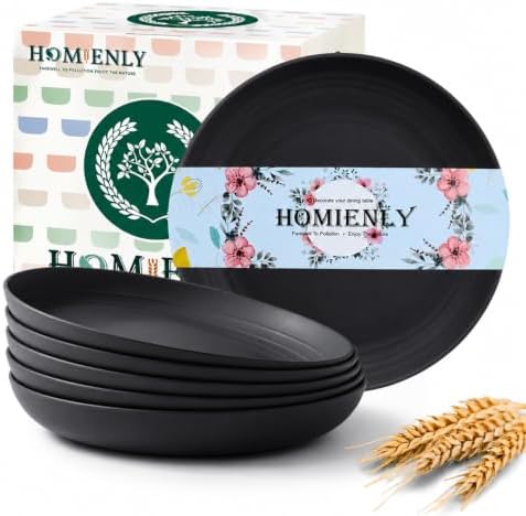 Homienly Wheat Straw Deep Plates 8 Inch Unbreakable Dessert Plates for Kitchen, Camping Microwave and Dishwasher Safe Plate Set for Bread & Butter, Appetizer Reusable Plastic Plates Set of 6 (Black) by HOMIENLY