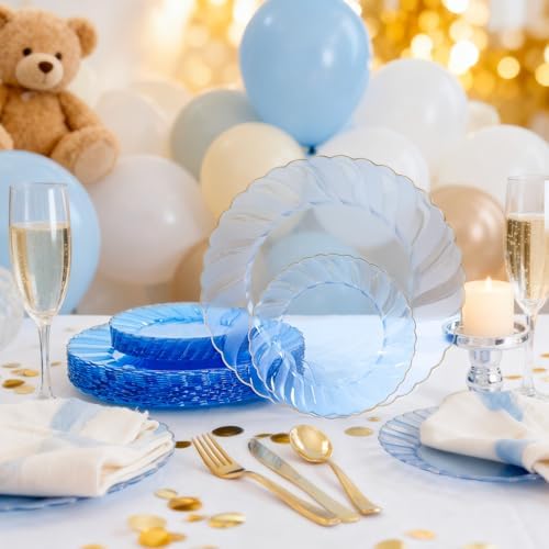 YOUBET 125PCS Clear Blue Gold Plastic Plates - Blue Disposable Plates With Gold Rim Include 25 Dinner Plates 25 Dessert Plates 75 Golden Silverwares for Wedding Birthday & Parties - Image 5