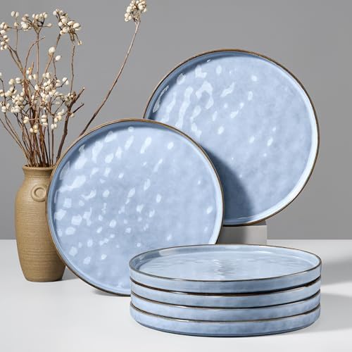 HaWare Stoneware Dinner Plates Set of 6, 10" Heavy Duty Ceramic Plate, Reactive Glaze Ripple Dinnerware for Home Restaurant, Chip and Scratch Resistant, Microwave and Dishwasher Safe, Reactive Blue by HaWare