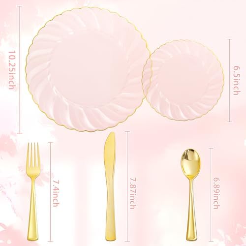 YOUBET 125Pieces Clear Pink Plastic Plates with Gold Rim - Gold Plastic Silverware Include 25 Dinner Plates 25 Dessert Plates 75 Golden Silverwares for Wedding Birthday & Parties Easter Mothers Day - Image 2