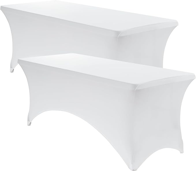 VidaFete Spandex Tablecloth 2 Pack 6FT, Fitted Stretch Table Cover for Rectangle Tables, Wrinkle Resistant and Washable Tablecloths for Outdoor, Picnic, Party, Wedding, Banquet, Birthday, White