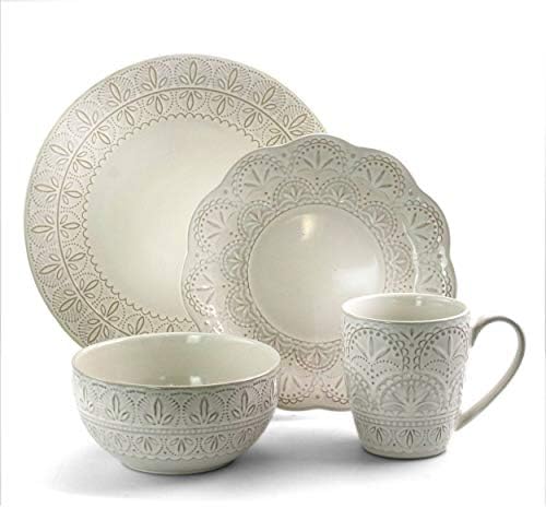 Elama White Lace 16 Piece Round Scallop Stoneware Dinnerware Set in White - Image 2