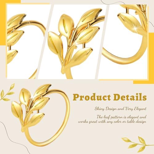 Napkin Rings Gold Napkin Rings Set of 24 Metal Napkin Holder for Table Holders for Paper Napkins Gold Leaf Napkins Rings Fall Thanksgiving Christmas Dinner Decor Banquet Kitchen Wedding Holiday Party - Image 4