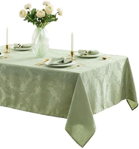 Newbridge Barcelona Damask Fabric Tablecloth, 52 x 70 Inch Rectangle, Sage Green – No Iron, Soil Resistant Table Cover for Dining, Parties and Holidays by HomeBargainsPlus