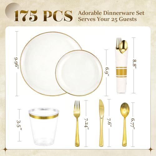 White Gold Dinnerware Set Disposable Plates for 175PCS 25 Guests - Image 5