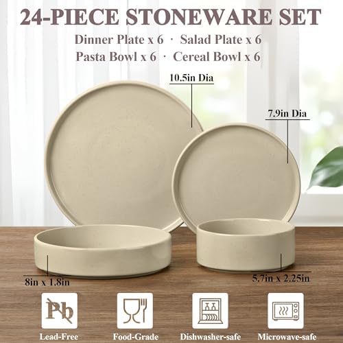 Herogo 24 Piece Dinnerware Sets with Double Bowls, Stoneware Plate and Bowls Set for 6, Ceramic Dinner Dishware for Kitchen Dining, Microwave & Dishwasher Safe, Speckled Khaki - Image 2