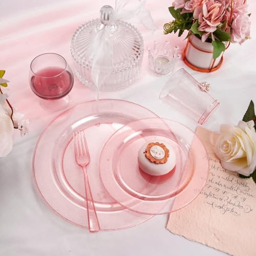 DaYammi 150Pcs Pink Plastic Plates with Silverware & Pink Cups for Party - Image 2
