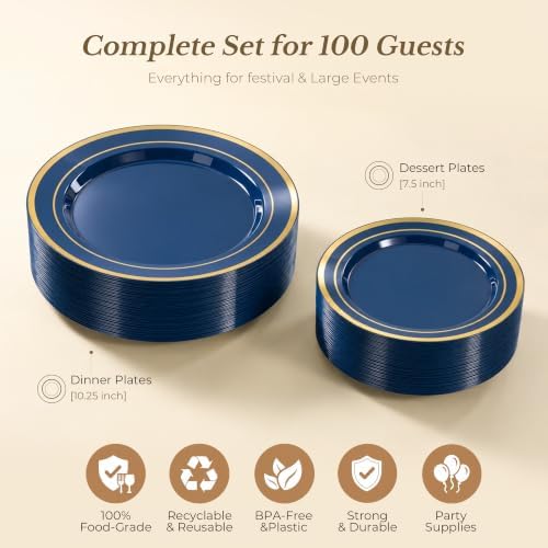 BESTVIP 100PCS Navy Blue with Gold Plastic Plates - Image 6