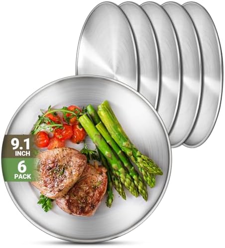 Metal Camping Plates, 6 Pack 9.1 inch 304(18/8) Stainless Steel Plates, Reusable Pizza Food Serving Snack Eating Salad Dishes Round Shatterproof Plate Silver Dinnerware Dinner Oven Safe by Offiper