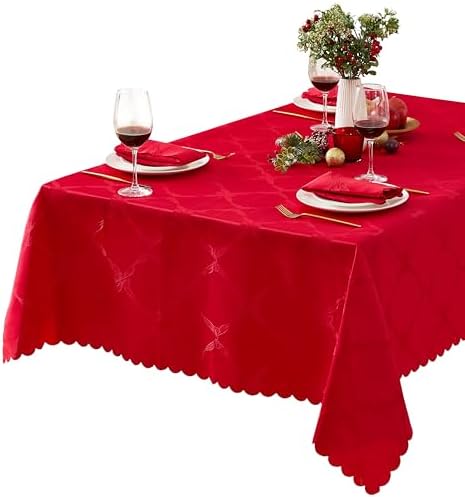 Newbridge Christmas Ribbons and Bows Red 60 x 120 Rectangle Tablecloth | Jacquard Damask Fabric Table Cover, Water Stain Wrinkle Resistant Easy Care, Formal Holiday Winter Dinner Party Dining Décor by HomeBargainsPlus