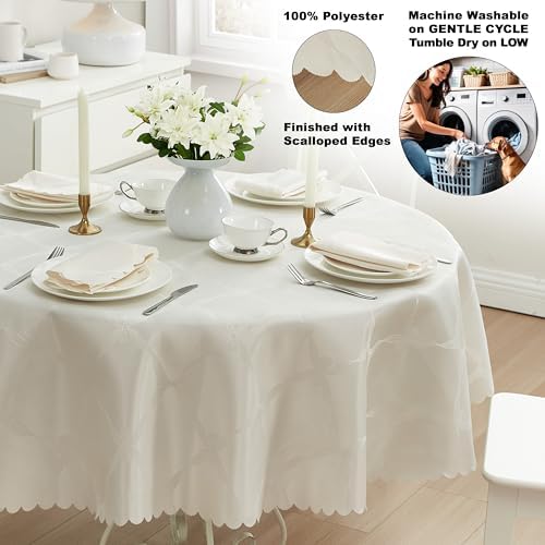 Newbridge Ribbons and Bows Damask Fabric Tablecloth, Ivory, 90 Inch Round, Wrinkle & Stain Resistant Table Cover - Image 4