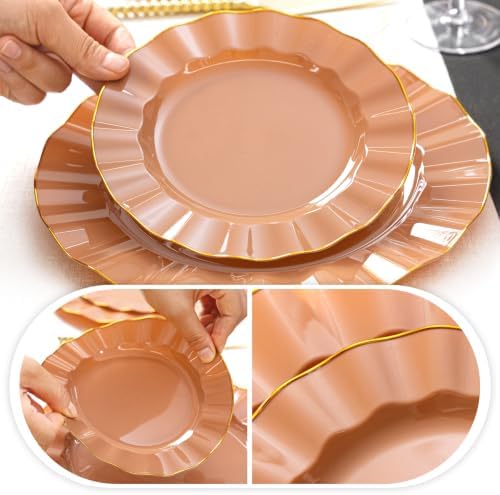 120PCS Mocha Mousse Plastic Plates, Wavy Plates with Gold Rim - Image 4