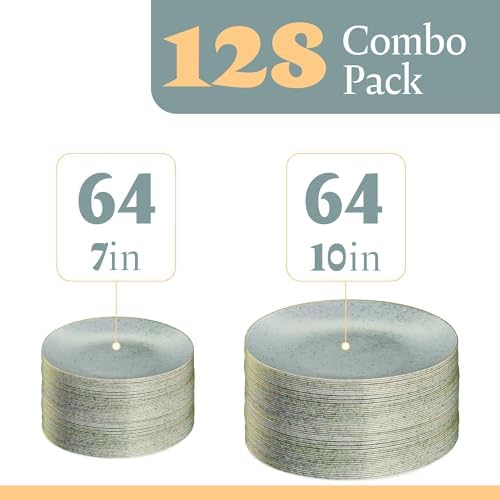 PLASTICPRO 128 Pack Elegant Disposable Plastic Plates Combo Set Bulk Pack Includes 64 Dinner Plates and 64 Salad Plates Heavy Duty Fancy Party Plates Green Granite Plates with Gold rim - Image 4