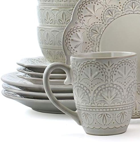 Elama White Lace 16 Piece Round Scallop Stoneware Dinnerware Set in White - Image 3