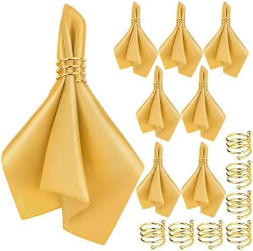 MCEAST Satin Cloth Napkins and Napkin Rings Set of 8, Smooth Fabric Table Napkins and Napkin Holder for Wedding, Birthday Dinner Party, Family Gatherings, Table Decor (Gold, 17 x 17 Inches) by MCEAST