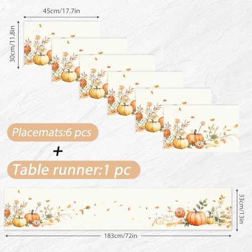 ANNA QUEEN Pumpkin Harvest Table Runner and Placemats Set of 6, 13"x72" Table Runner with 12"x18" Placemats, Rustic Fall Dining Set for Thanksgiving, Autumn Kitchen Decor - Image 3