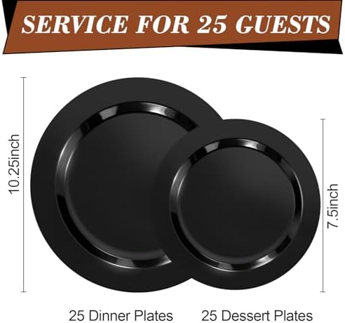 Bestluck 50PCS Plastic Plates Black, Disposable Dinnerware for 25 Guests - Image 2