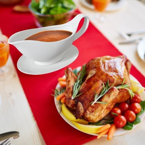 Gravy Boat with Saucer - 20oz Fine Porcelain Sauce & Salad Dressing Boat (White) Suitable for microwave ovens and dishwashers