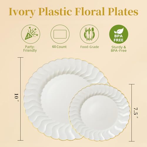 Lullaby 60PCS Ivory Scalloped Plastic Plate with Gold Rim for Party Wedding - Image 2
