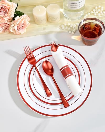 Goodluck 350 Piece Red Plastic Dinnerware Set for 50 Guests - Image 4