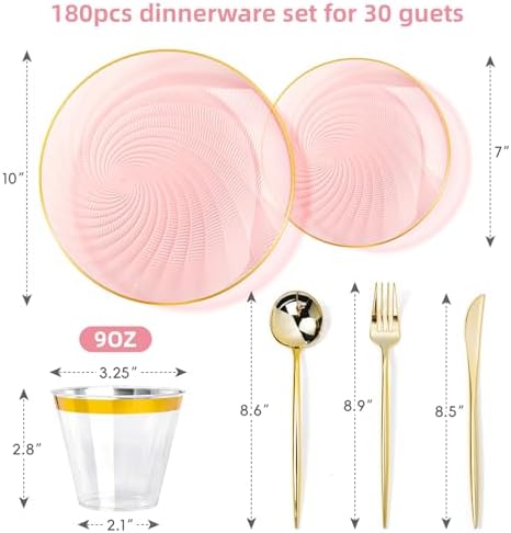 N9R 180PCS Pink and Gold Plastic Plates Disposable, Spiral Dinnerware Set - Image 2
