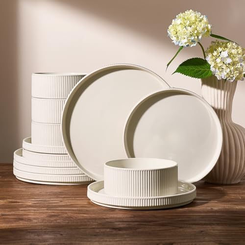 Famiware Ceramic Plates and Bowls Set, Dinnerware Sets, Ribbed Dishes for 4 by Famiware