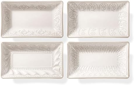 Artena Appetizer Plates Set of 4, 8.25" Embossed Ceramic Rectangular Dessert Plates, Deep Lipped Edges, Microwave & Dishwasher Safe, Salad Sushi Snack Serving Plates (White, Multiple Patterns) by Artena