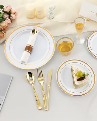 Goodluck 560PCS Fancy Disposable Dinnerware, White Gold Plate for 70 Guests - Image 6