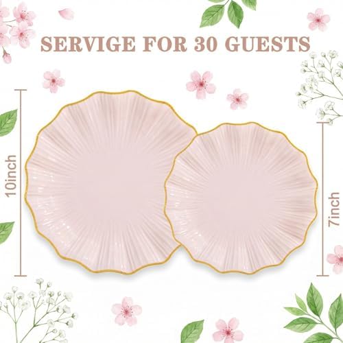 Rubtlamp 60Pcs Pink Plastic Plates - Pink Scalloped Plates with Gold Trim - 30 Dinner & 30 Dessert Platos, Heavy-duty Gold Plates for Party, Wedding&Mother’s Day (30 Guests) - Image 2