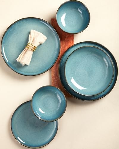 Pokini 10 Inch Ceramic Dinner Plates Set of 6, Wavy Rim Stoneware Plates - Image 4