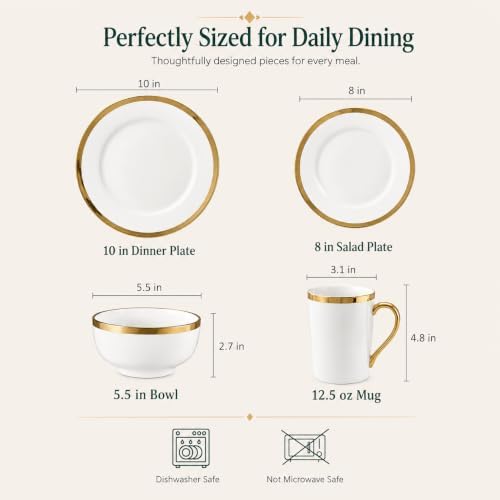 White and Gold Dinnerware Set for 4, 16-Piece Porcelain - Image 3