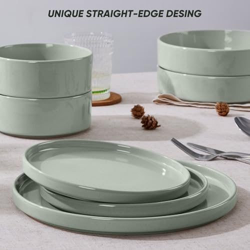 E-far 8-Piece Stoneware Dinnerware Sets with Pasta Bowls, Green - Image 5