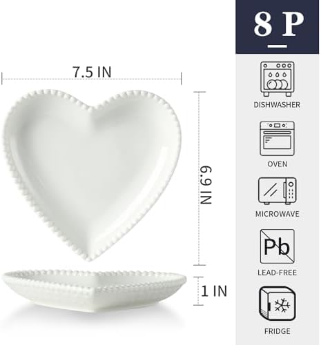 7.5” White Porcelain Heart Shape Appetizer Plates Set of 8 - Image 3