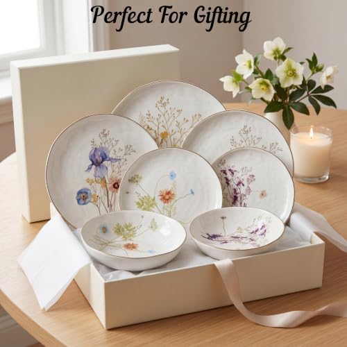 Sango 12-Piece Luxury Porcelain Dinnerware Set for 4- Glossy White Plates and Bowls Sets with Wildflower Patterns and Gold Rims, Ceramic Dish Set, Elegant Dishes for Everyday Dining, Gansevoort - Image 3