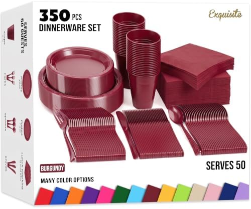 Exquisite 350 Pcs Burgundy Plastic Plates For Party, Burgundy Disposable Plates Set, 50 Of Each 9" Dinner Plate Set, 7" Dessert Plate, Cups, Napkins & Cutlery Plastic Dinnerware Set by Exquisite