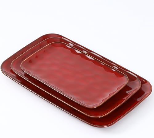 vicrays Ceramic Rectangle Serving Platters - 14" 12" 10" Porcelain Serving Trays Plates for Party BBQ Appetizers Sushi Dessert - Microwave Oven and Dishwasher Safe - Set of 3 -Cherry Red by VicraysCeramic