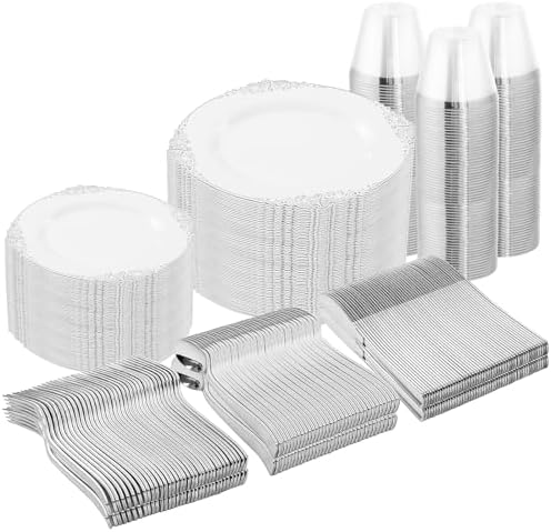 Nervure 600Pcs Silver Plastic Plates, Plastic Dinnerware Set for 100 Guests by Nervure