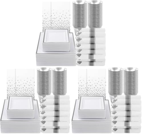 Goodluck 352Pcs Silver Square Plastic Plates with Silver Trim for 50 Guests (Pack of 3) by GoodLuck