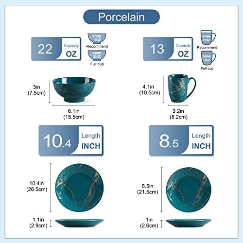 LOVECASA Porcelain Dinnerware Sets for 4, 16 PCS Plates and Bowls Set, Color Glaze with Gold Plate Dish Set, Dinner Sets with Dinner Plates, Dessert Plate, Bowls and Mugs, Dark Green - Image 2