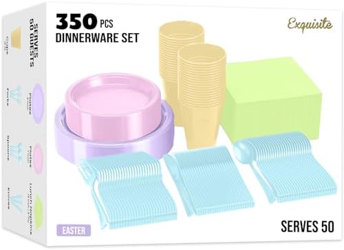 Exquisite Party Solids 350 Pieces Easter Plates For Party, Easter Disposable Plates Set, 50 Of Each 9" Dinner Plate Set, 7" Dessert Plate, Cups, Napkins & Cutlery Plastic Dinnerware Set by Exquisite