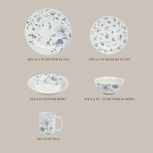 Martha Stewart Empress Bouquet 30 Piece Decorated Porcelain Chip and Scratch Resistant Dinnerware Plates and Bowls Set - Blue Floral - Image 3
