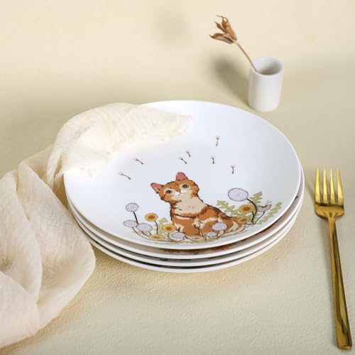 Colias Wing 8 Inch Cat and Flower Pattern Stylish Design Ceramic Salad/Pasta/Fruit/Appetizer/Dessert Dishes Holiday Plates Christmas Dinner Plates-Set of 4-4 Cats-8 Inch - Image 6