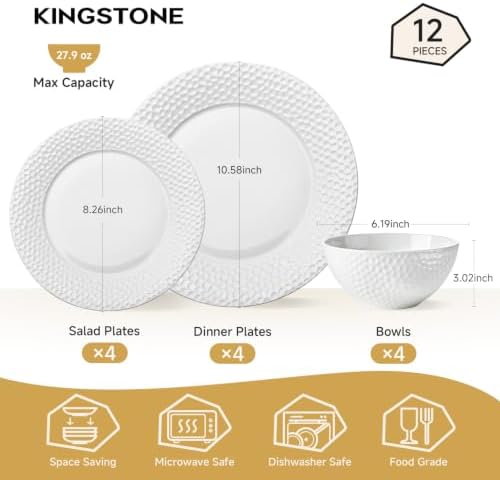 KINGSTONE 12Pcs Hammered Rim White Bone China Set, Service for 4 - Image 2