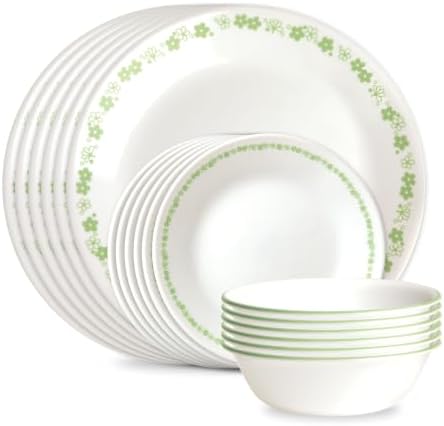 Corelle Vitrelle 18 Piece Glass Dinnerware Sets Service for 6, Triple Layer Chip & Crack Resistant Glass Plate and Bowl Sets, Spring Blossom Green by Corelle